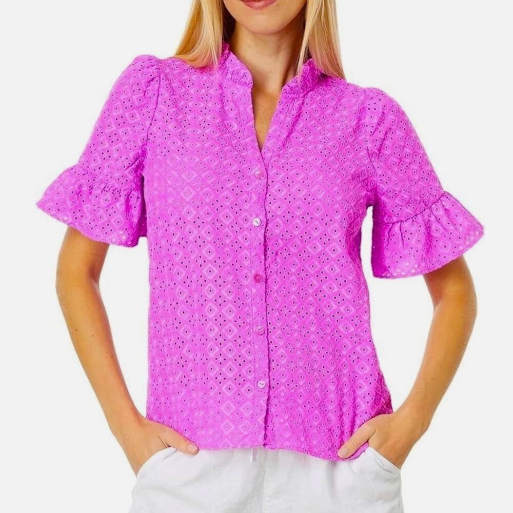 Lilly Pulitzer Calynn Button Down Eyelet Lace Top Shirt Flounce Short Sleeve 12
